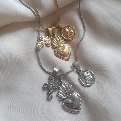 collana proteggimi cuore sacro, croce e angelo idea regalo bigiotteria