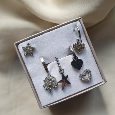 Set 6 orecchini STAR and HEART silver