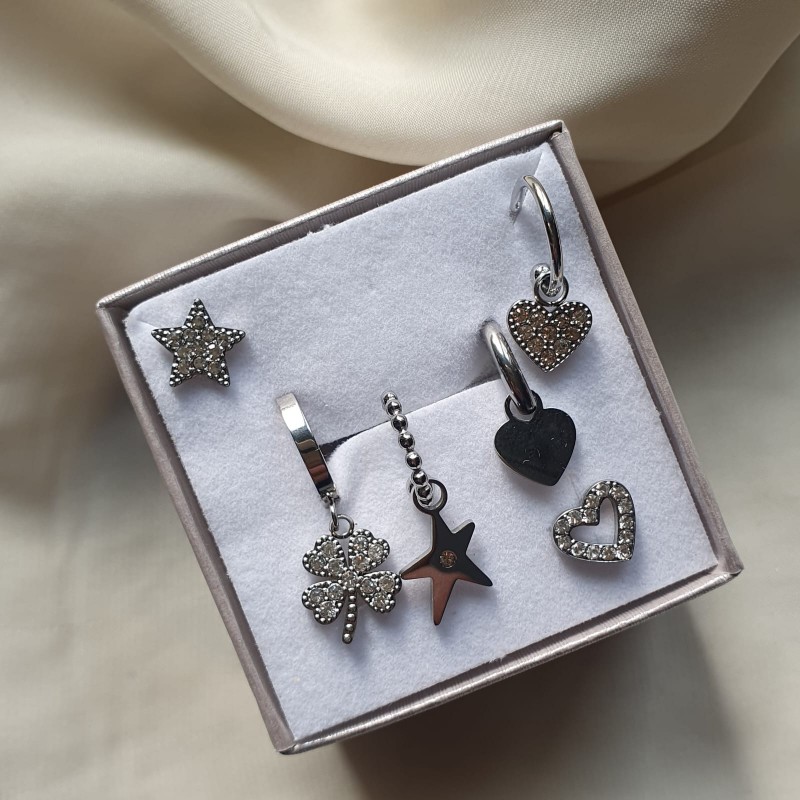 Set 6 orecchini STAR and HEART silver