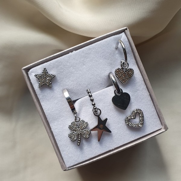 Set 6 orecchini STAR and HEART silver